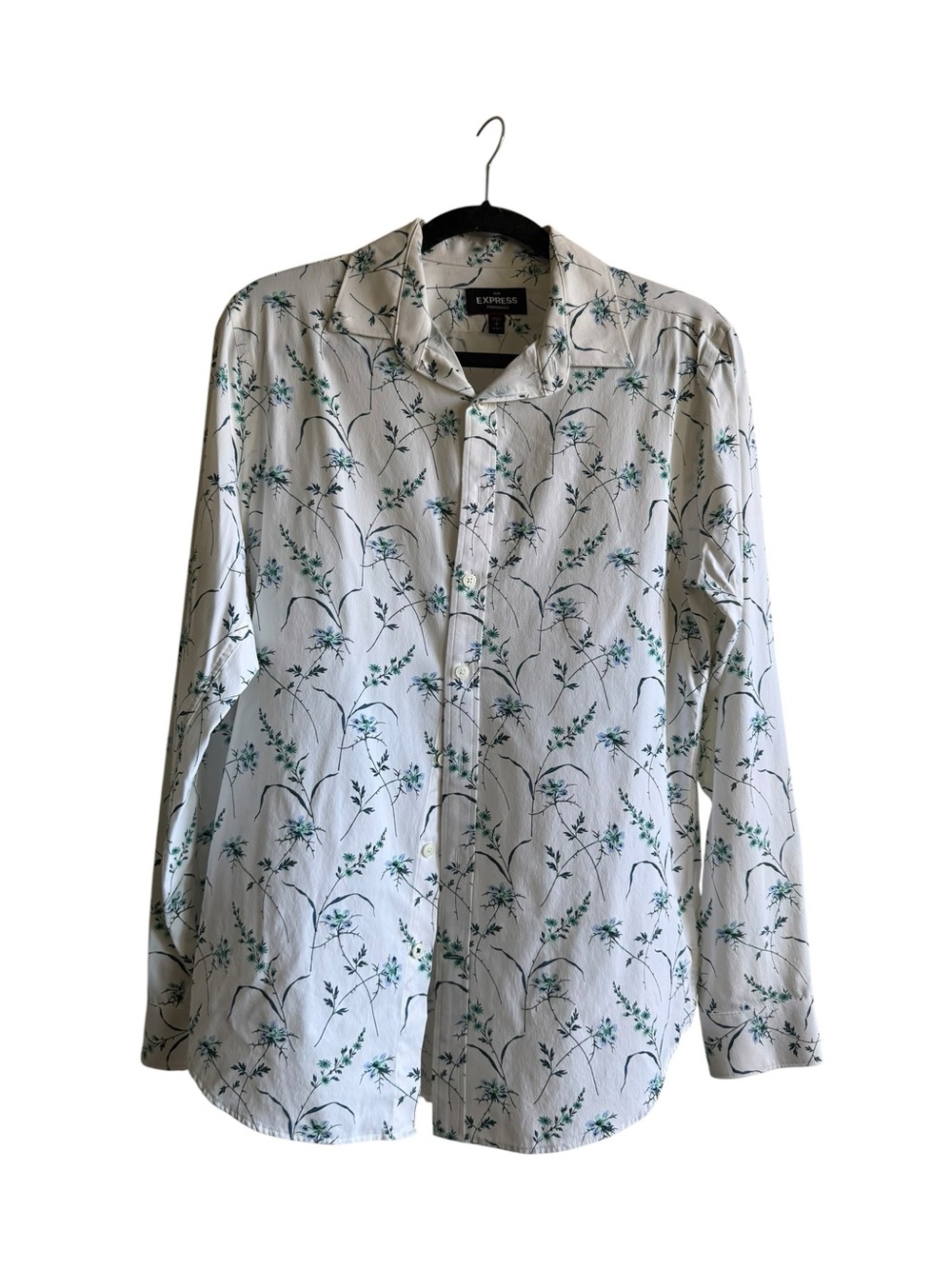 Express Men’s White Button-Up Shirt with Green Floral Print